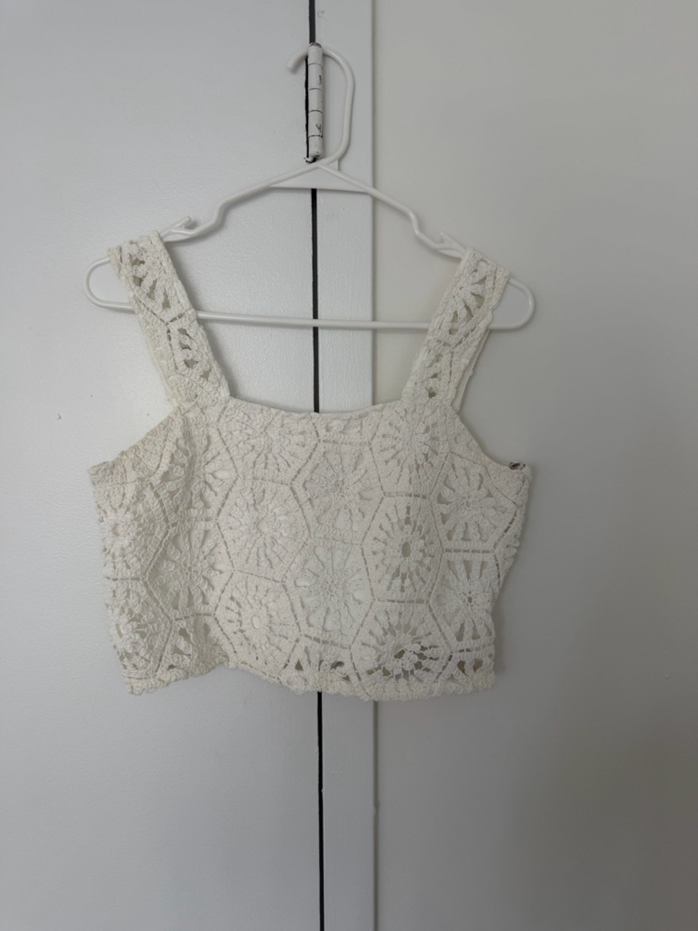 Audrey Parks + Francesca's Ivory Crochet Hexagon Crop Top